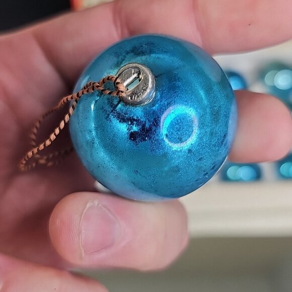 Vintage Glass Christmas Balls Ornaments Baubles BLUE Round Japan Caps Set Of 12 - Picture 4 of 14